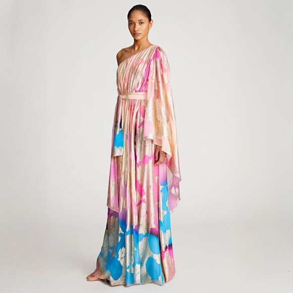 Halston Nisa Gold Ruched Printed Gown in Printed Fil Coupe - Picture 4 of 8